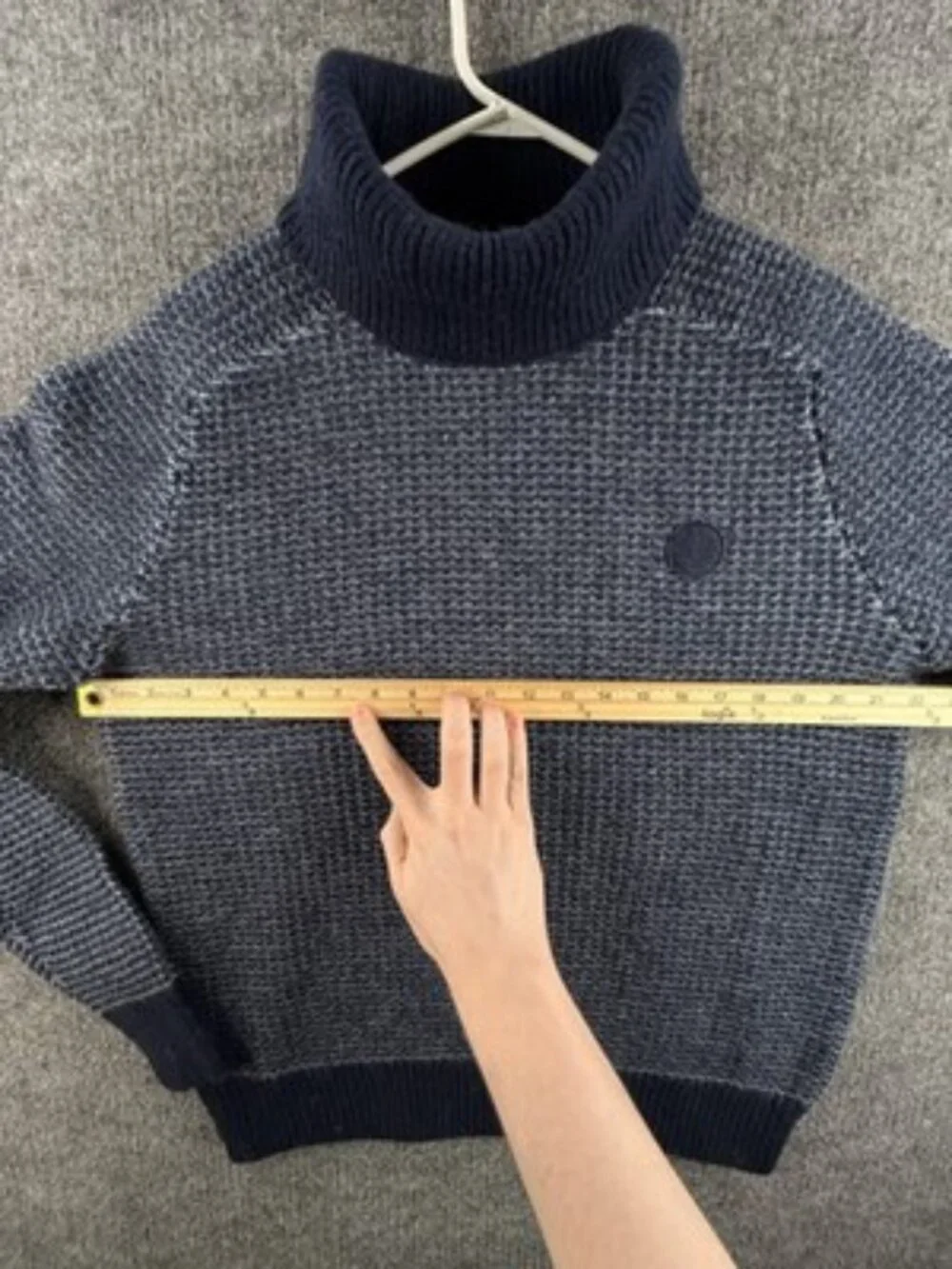 Fred Perry Thick Waffle Knit Turtleneck Sweater Large Logo Blue Wool Pullover